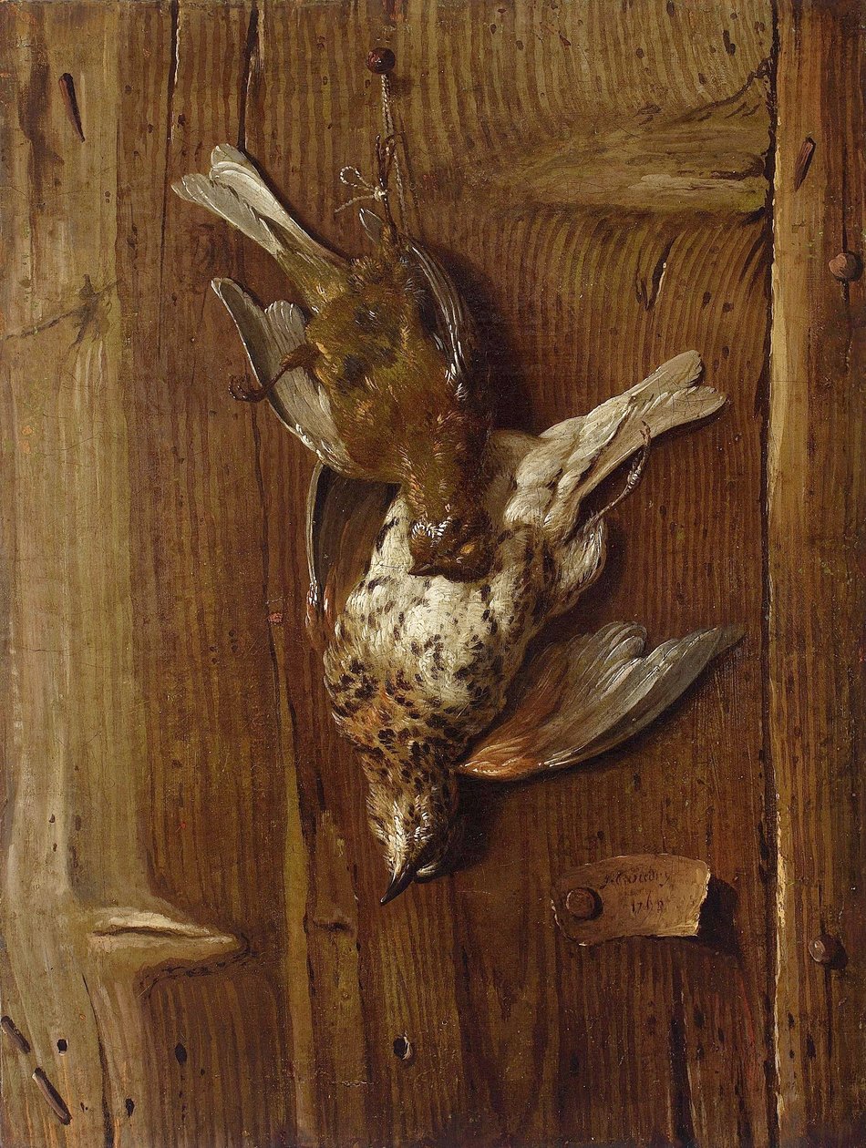 Dode vogels (lijster en veldfluiter) door Jacques Charles Oudry