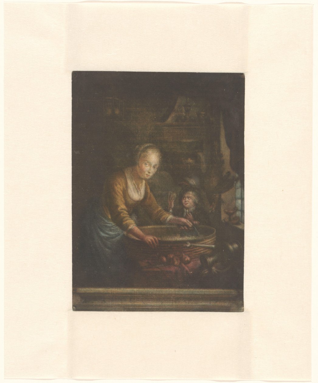 Jonge vrouw, uien hakkend door Jacques Fabien Gautier Dagoty (attributed to)