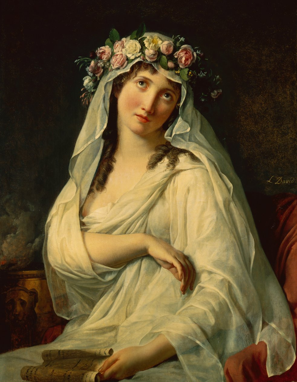 Een Vestaalse maagd gekroond met bloemen door Jacques Louis David