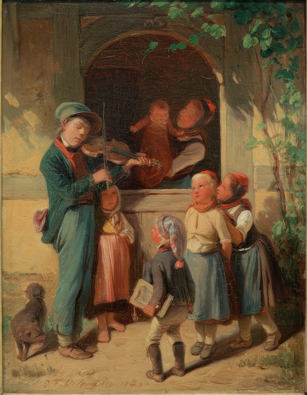 Muzikant in het dorp door Jakob Fürchtegott Dielmann