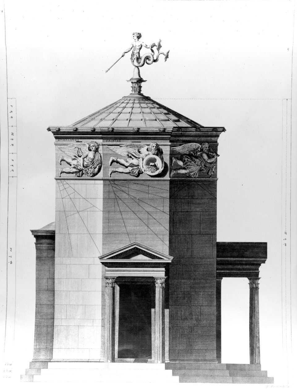 Een reconstructie van de Toren der Winden in de Romeinse agora in Athene, gegraveerd in 1762 door James Basire