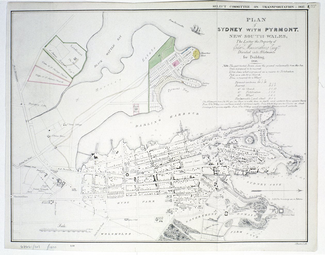 Plan van Sydney met Pyrmont, New South Wales, het laatste eigendom van Edward Macarthure Esquire verdeeld in percelen voor gebouwen, 1836, gepubliceerd door James en Luke G. Hansard en Sons, Londen, 1837 door James Basire