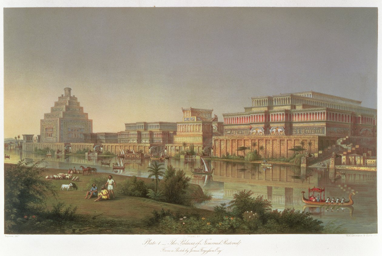 De Paleizen van Nimrud Hersteld, een reconstructie van de paleizen gebouwd door Ashurbanipal aan de oevers van de Tigris, uit Ontdekkingen in de Ruïnes van Nineveh en Babylon door Austen Henry Layard (1817-94) door James Fergusson