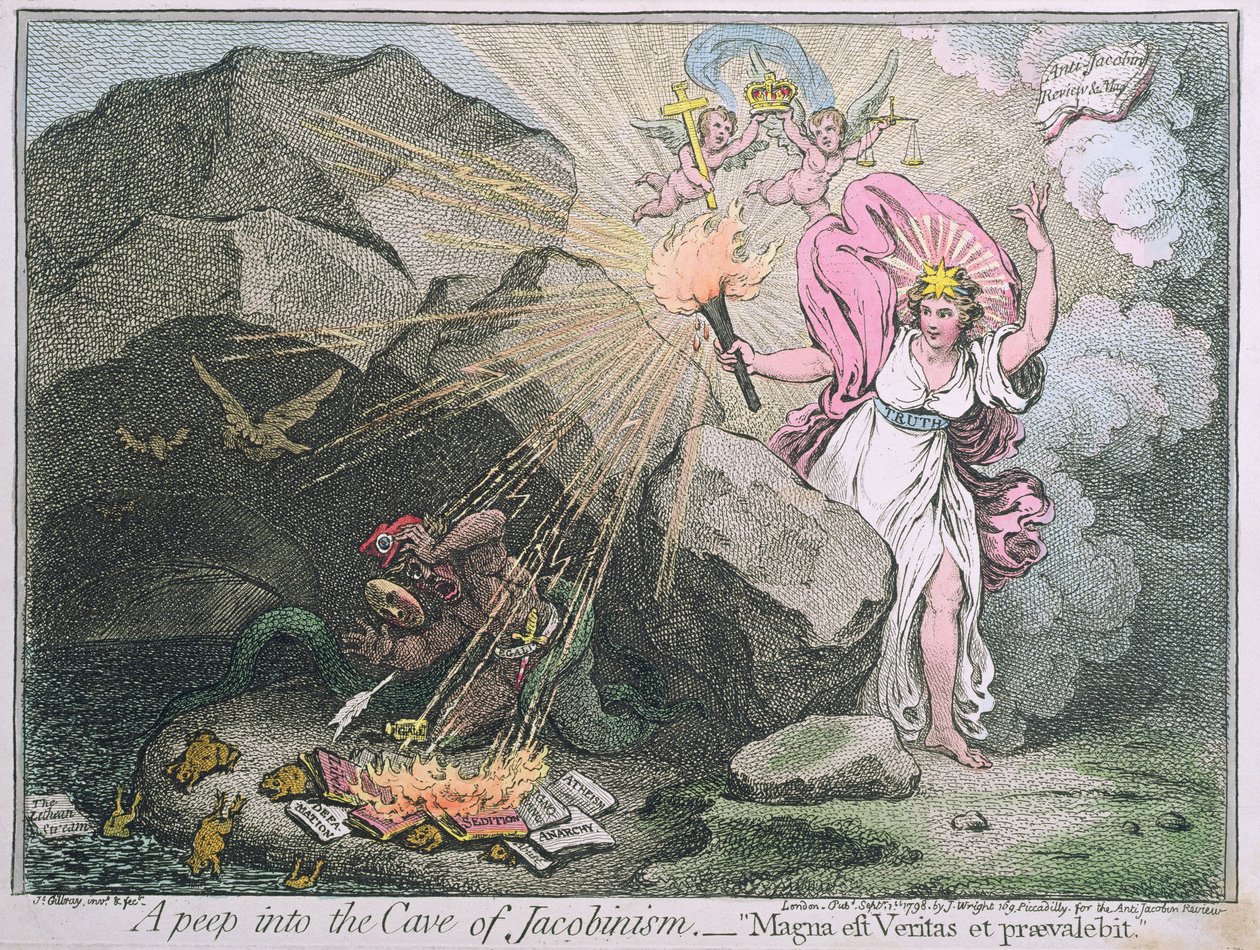 Een blik in de grot van het Jacobinisme, of Magna est Veritas et praevalebit, gepubliceerd door Hannah Humphrey in 1798 door James Gillray