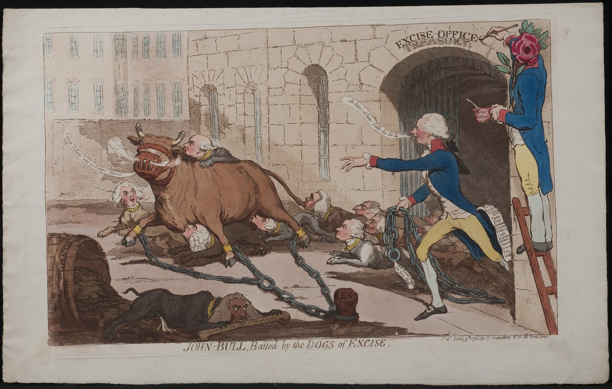 John Bull, belaagd door de honden van accijns, 1790 door James Gillray