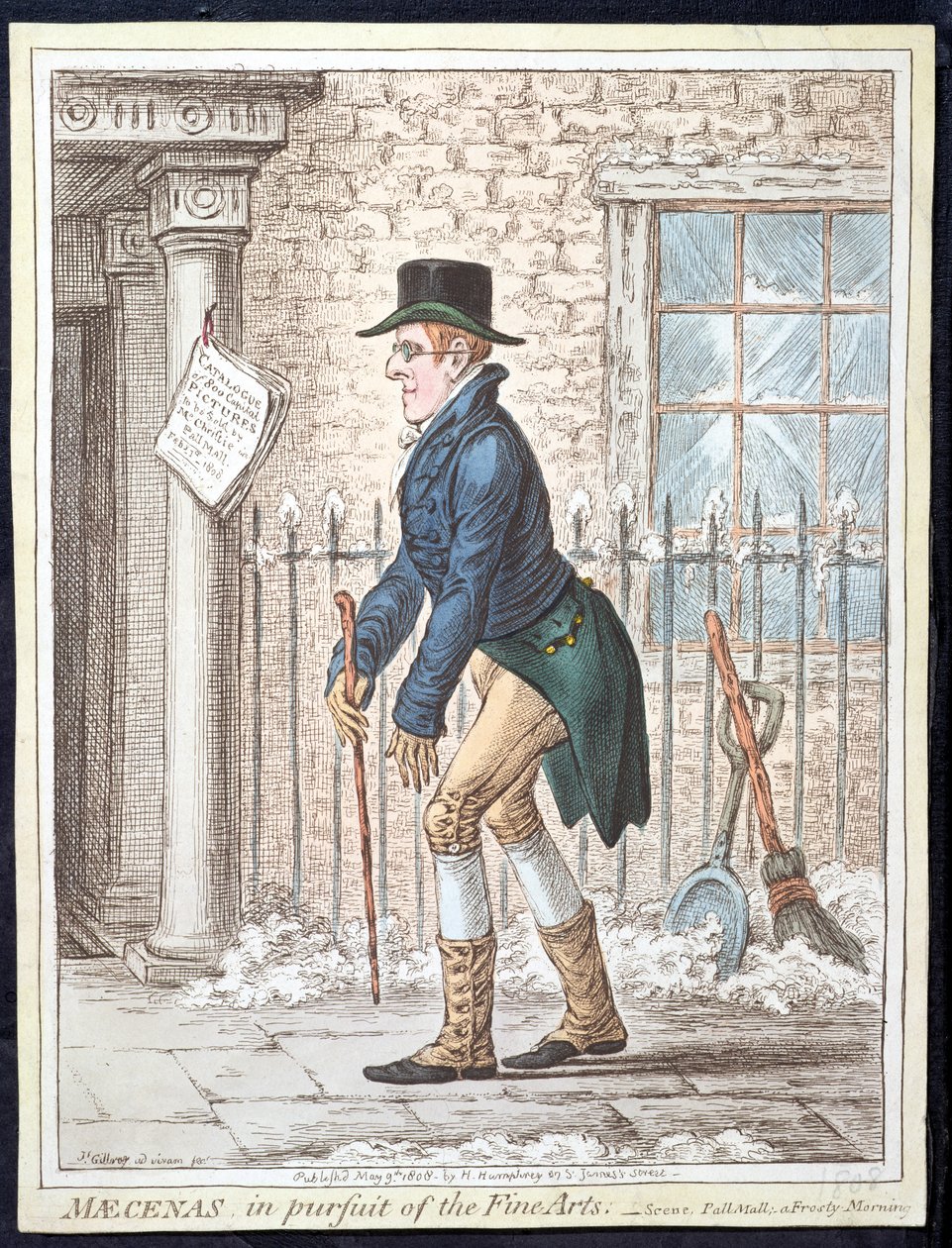 Maecenas op zoek naar de schone kunsten, of scène, Pall Mall; Een ijzige ochtend, gepubliceerd door Hannah Humphrey in 1808 door James Gillray