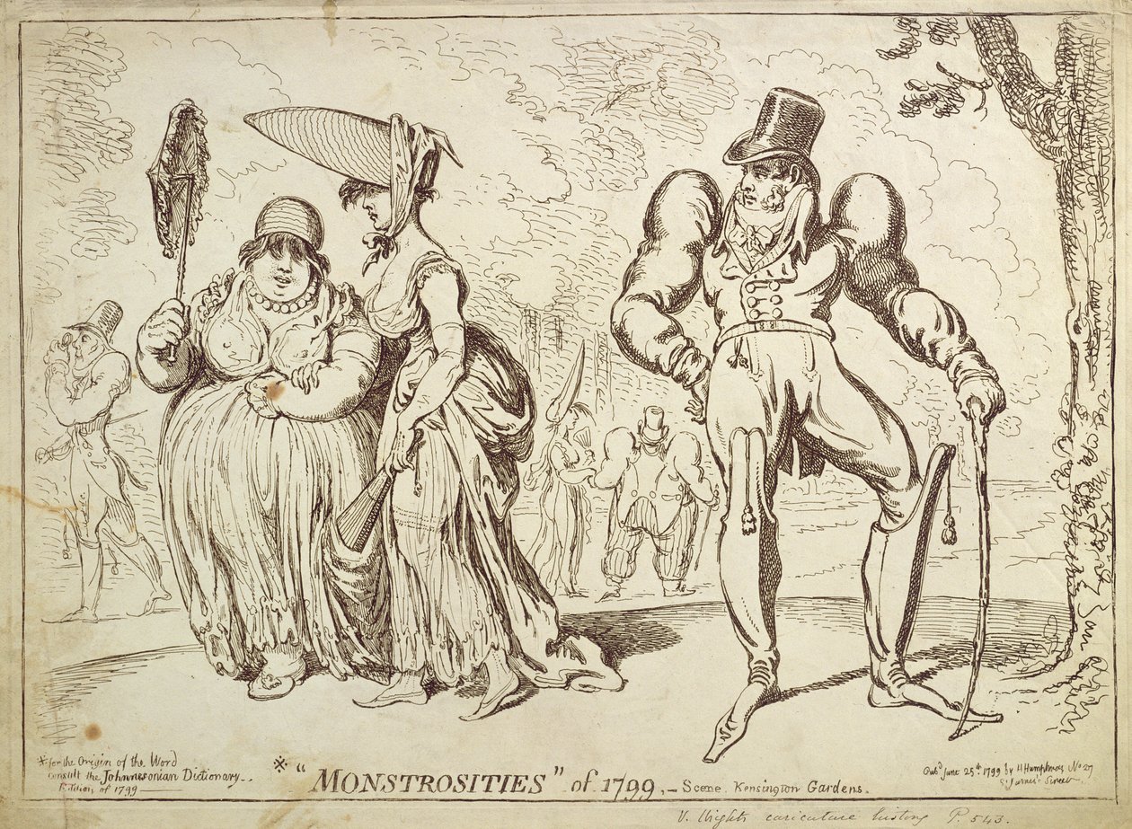 Monstrositeiten van 1799, of Scène in Kensington Gardens, gepubliceerd door Hannah Humphrey in 1799 door James Gillray