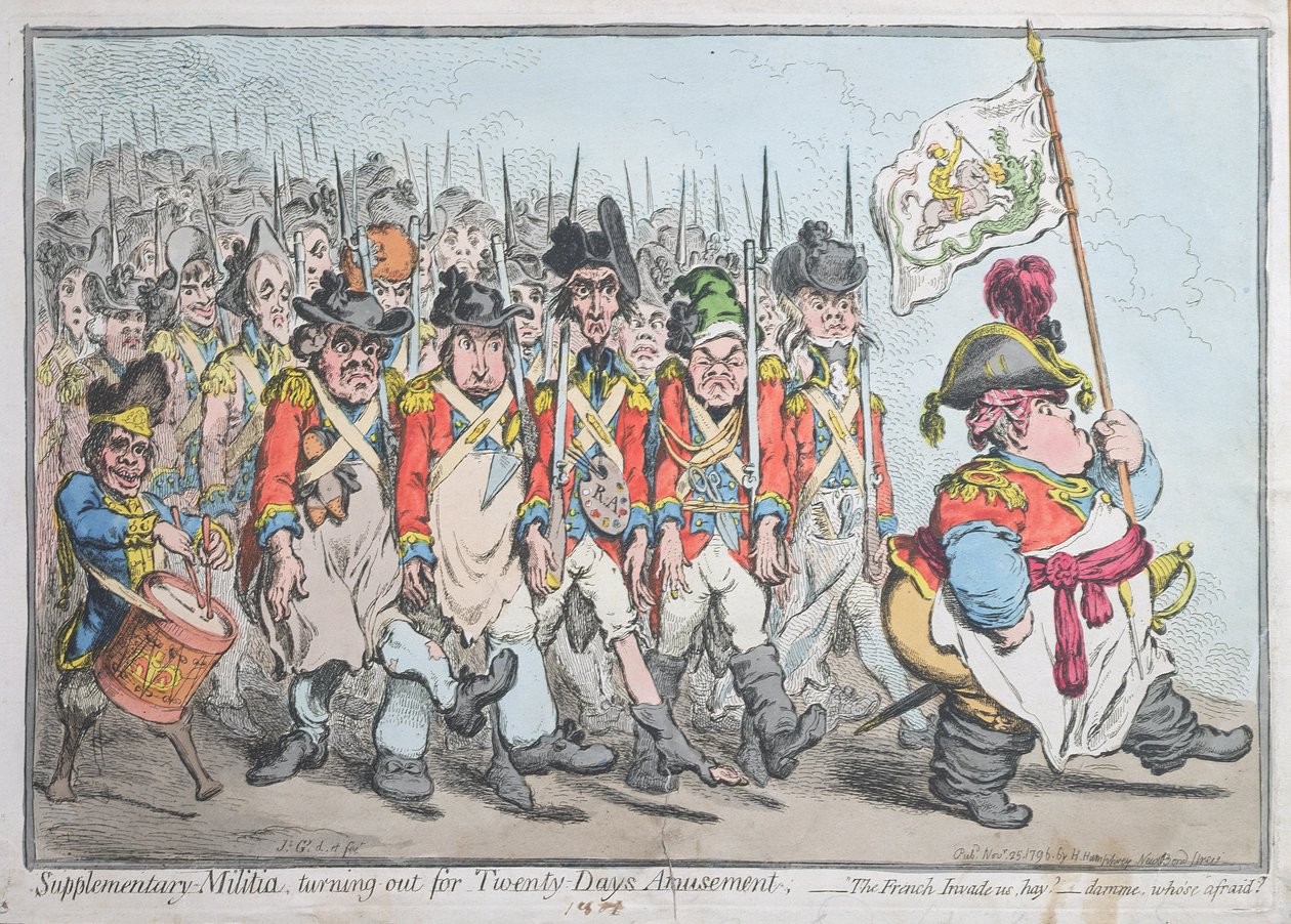 Supplementaire militie die twintig dagen amusement uitzet, of De Fransen vallen ons binnen, hay damme, wie is bang gepubliceerd door Hannah Humphrey in 1796 door James Gillray
