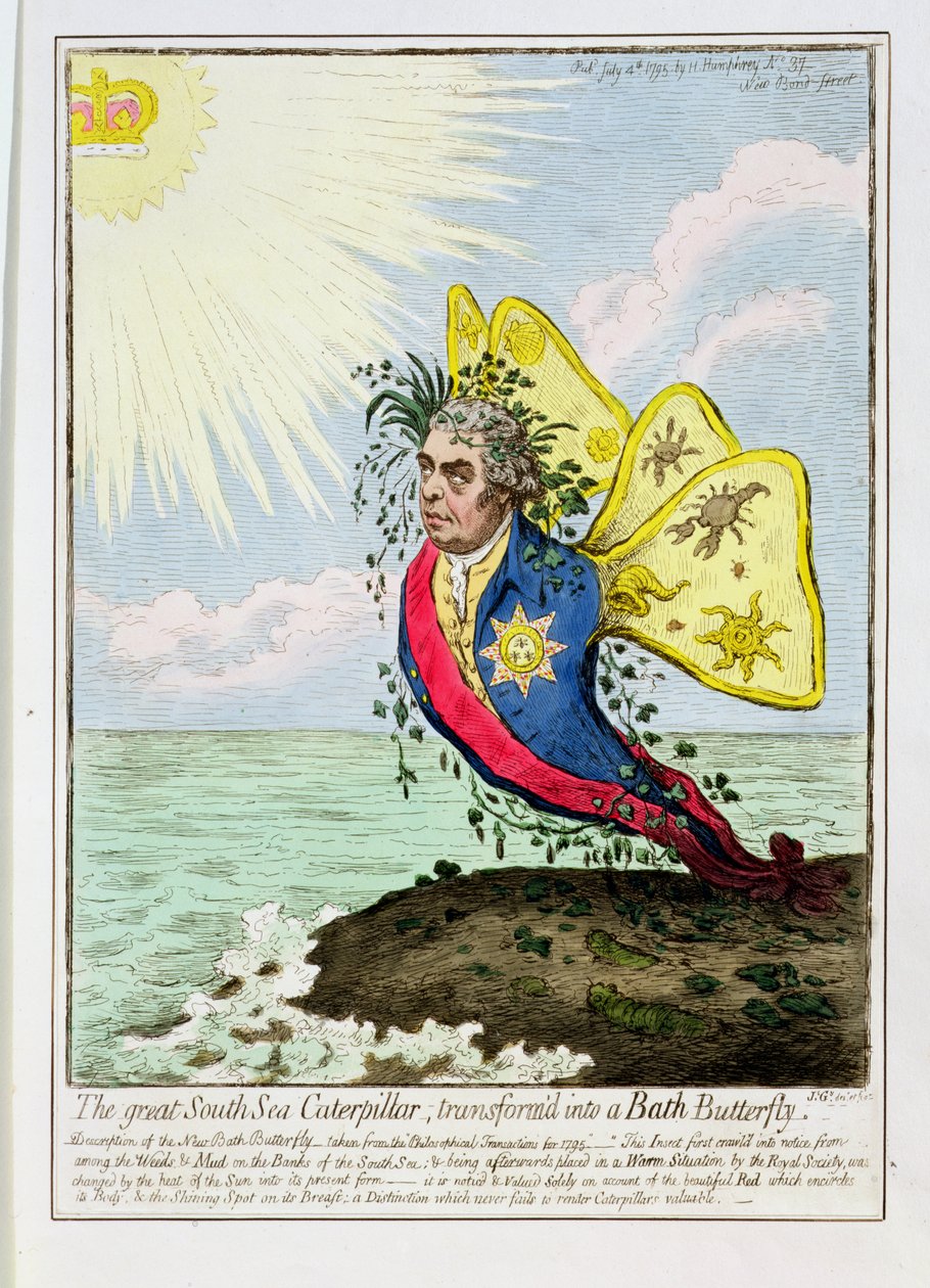 De grote Zuidzee-rups veranderd in een badvlinder, uitgegeven door Hannah Humphrey, 1795 door James Gillray