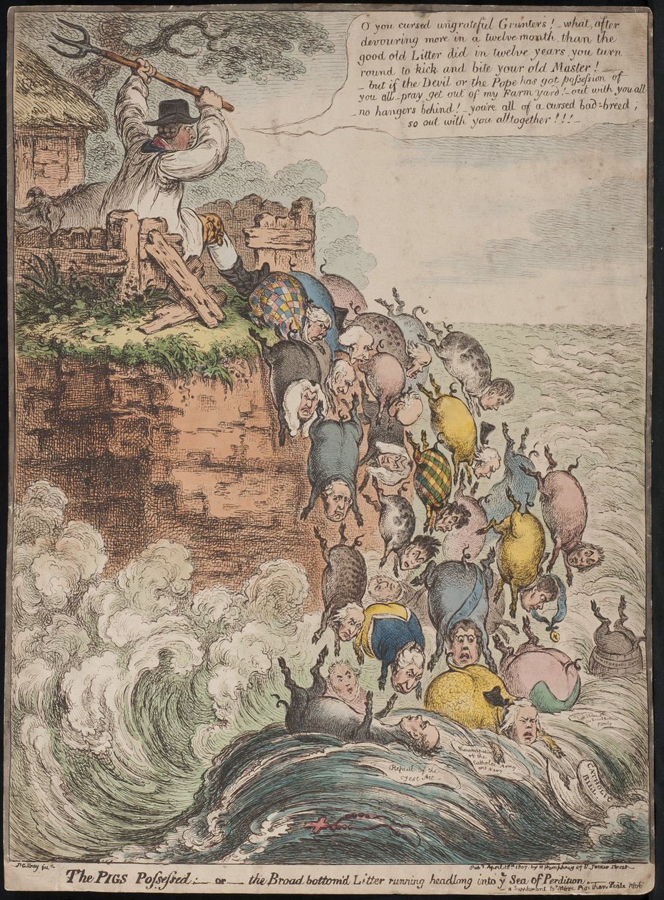 De Bezeten Varkens, of de Breedbodemige Toom die zich Hals over Kop in de Zee van Verdoemenis Stort door James Gillray
