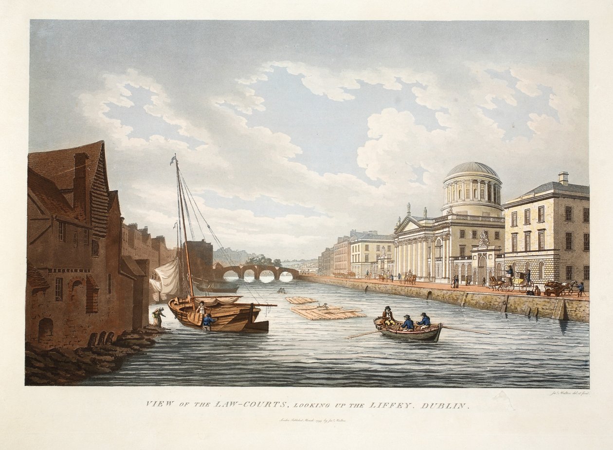 Uitzicht op de rechtbanken, kijkend over de Liffey, Dublin, 1799 door James Malton