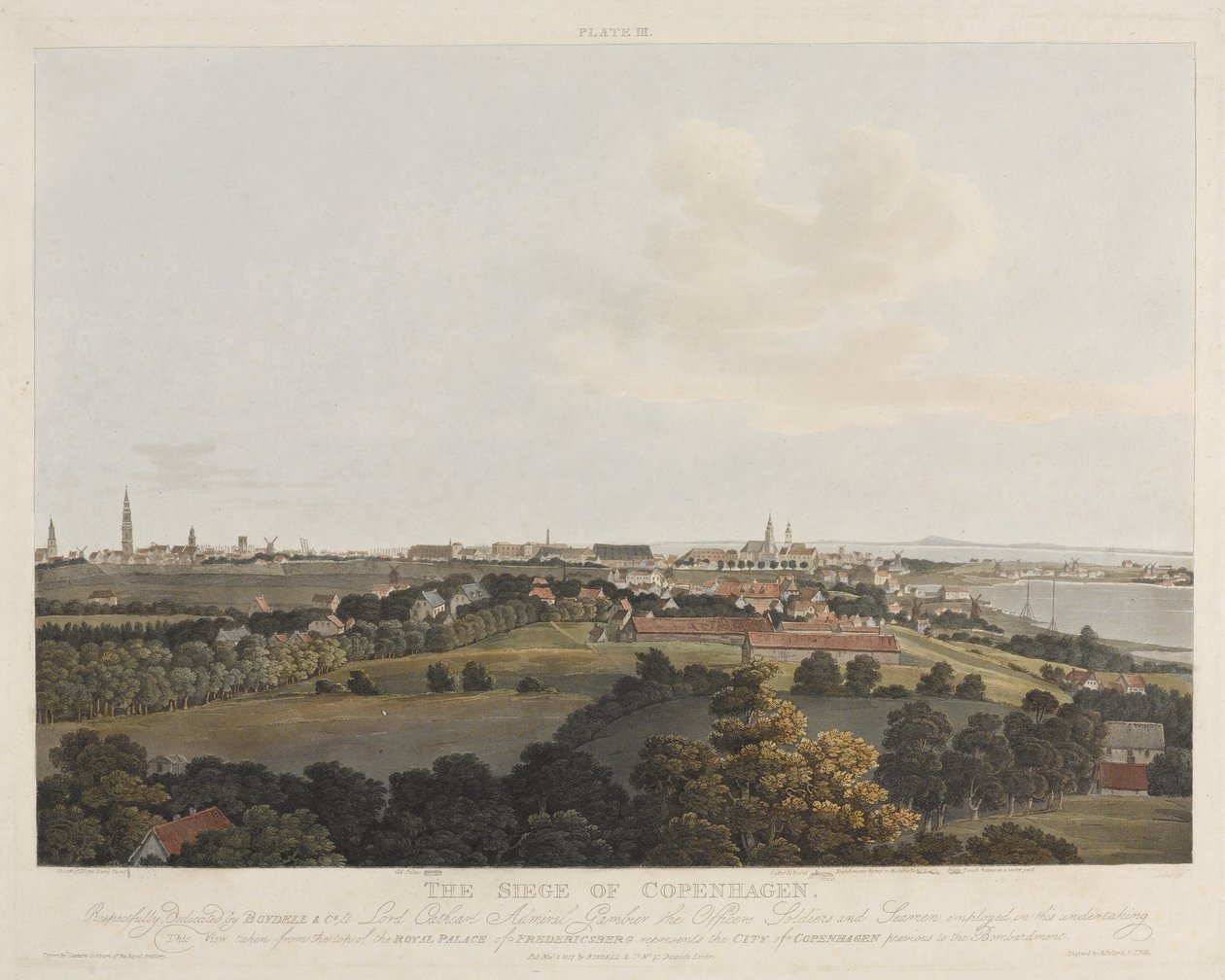 Denemarken 1807: Het Beleg van Kopenhagen, gegraveerd door Robert Pollard en Joseph Constantine Stadler, gepubliceerd in 1807 door James Pattison Cockburn