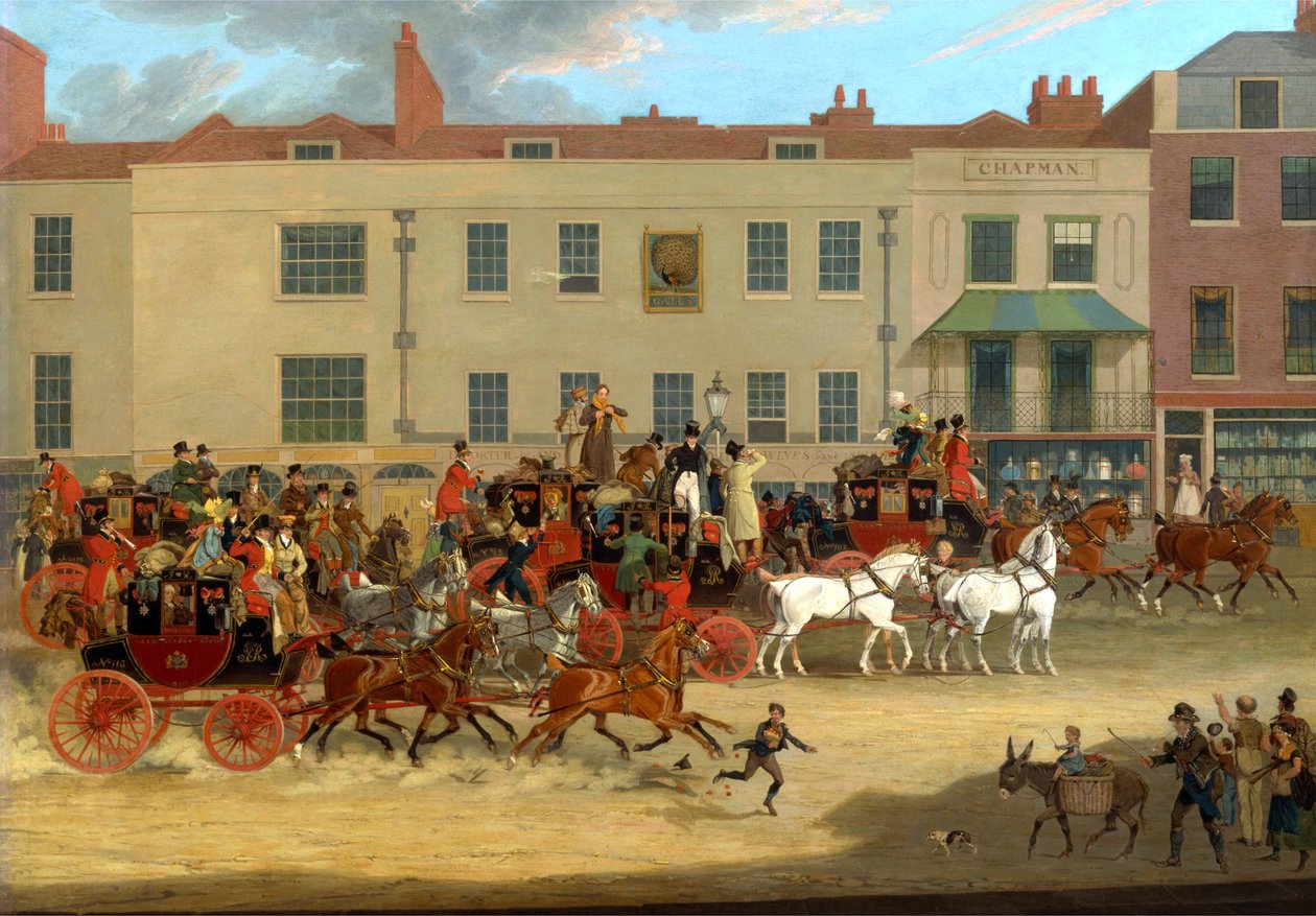 Noordelijke postkoetsen bij de Peacock, Islington door James Pollard