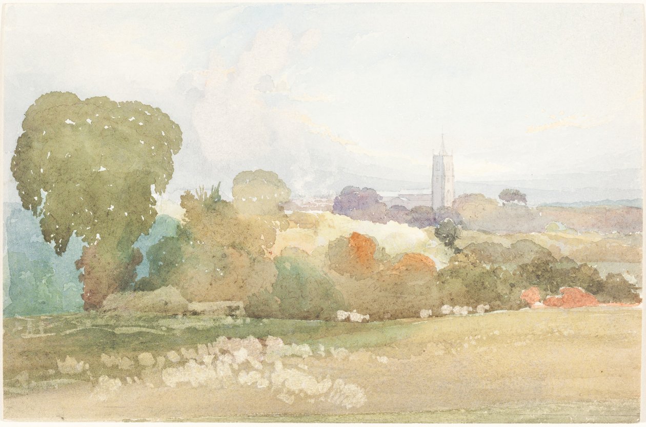 Landschap met kerktoren door James Bulwer