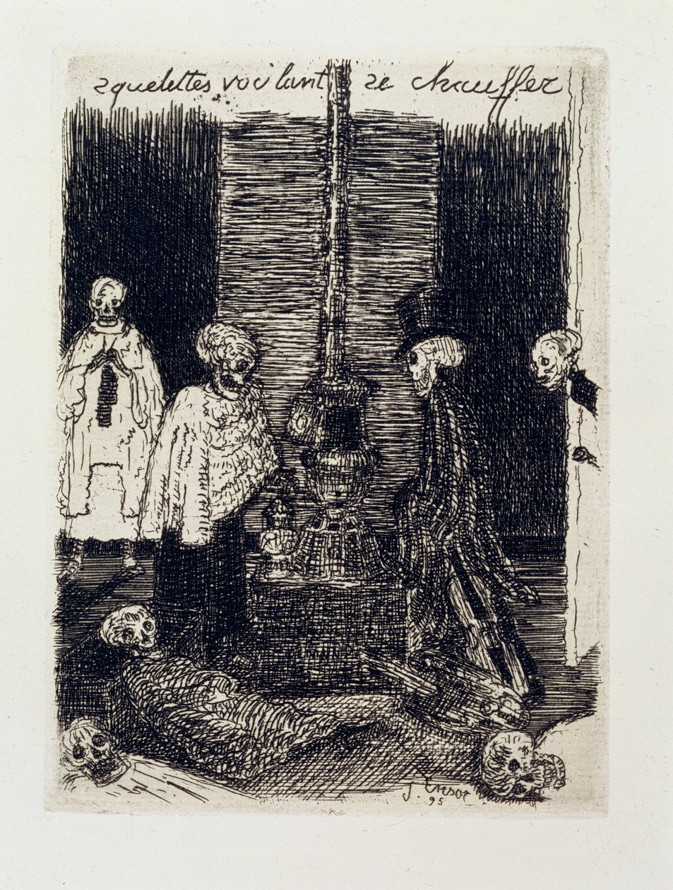 Skeletten proberen zichzelf op te warmen door James Ensor