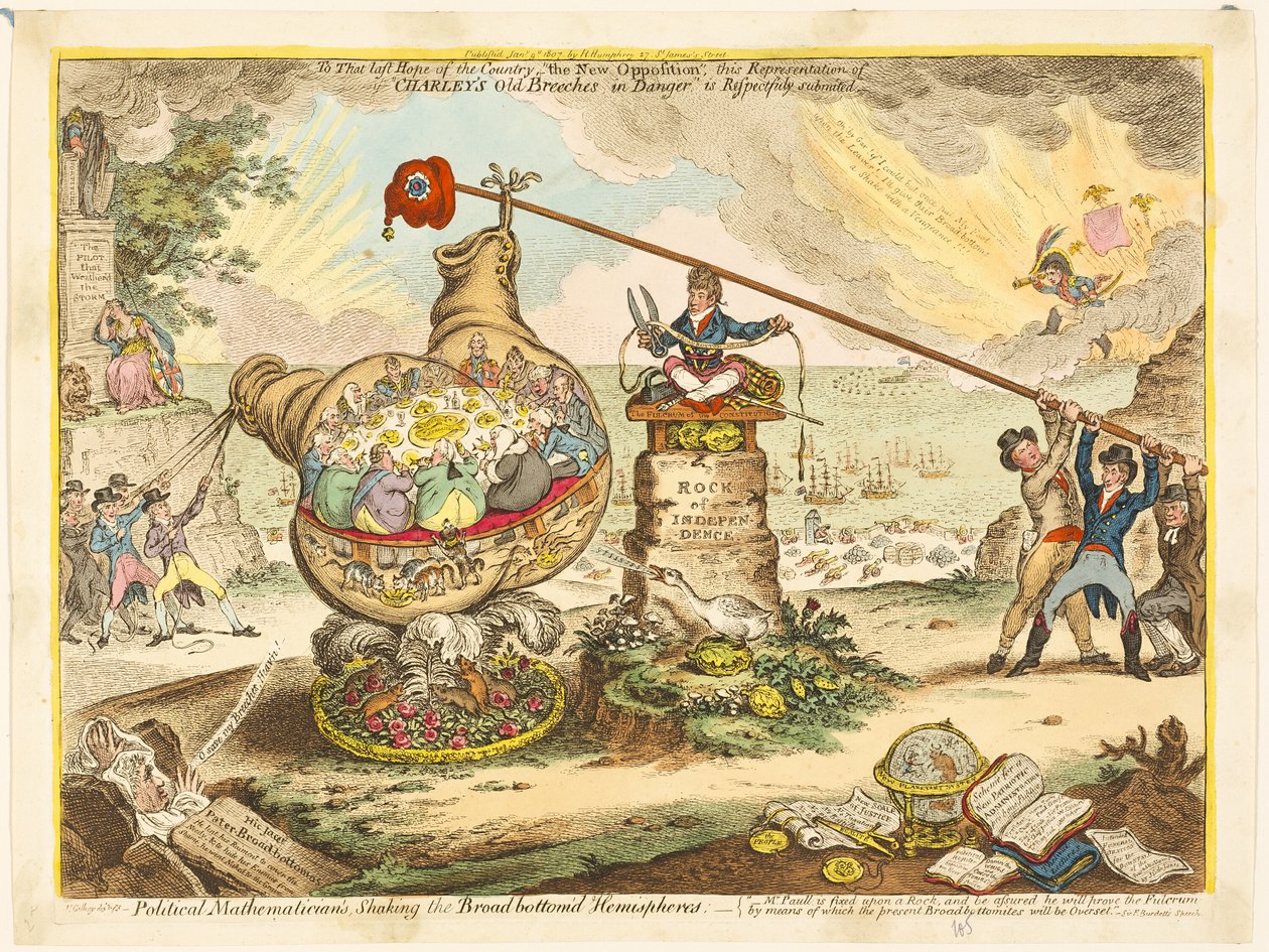 Politieke wiskundige, het schudden van de brede halve bollen door James Gillray