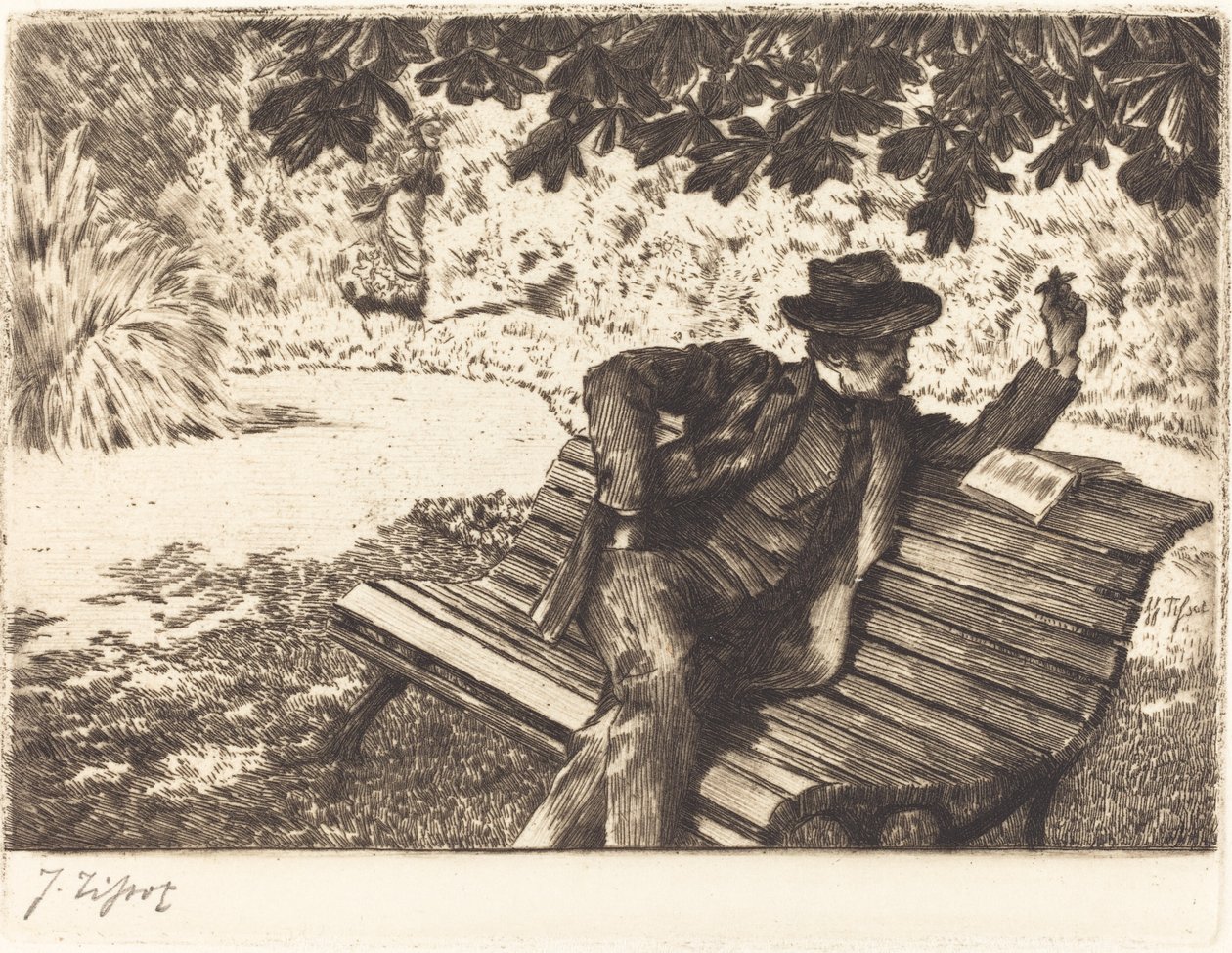 Denoisel Leest in de Tuin door James Jacques Joseph Tissot