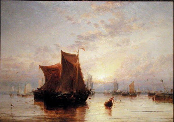 Nederlandse boten in de windstilte bij zonsopgang door James Webb