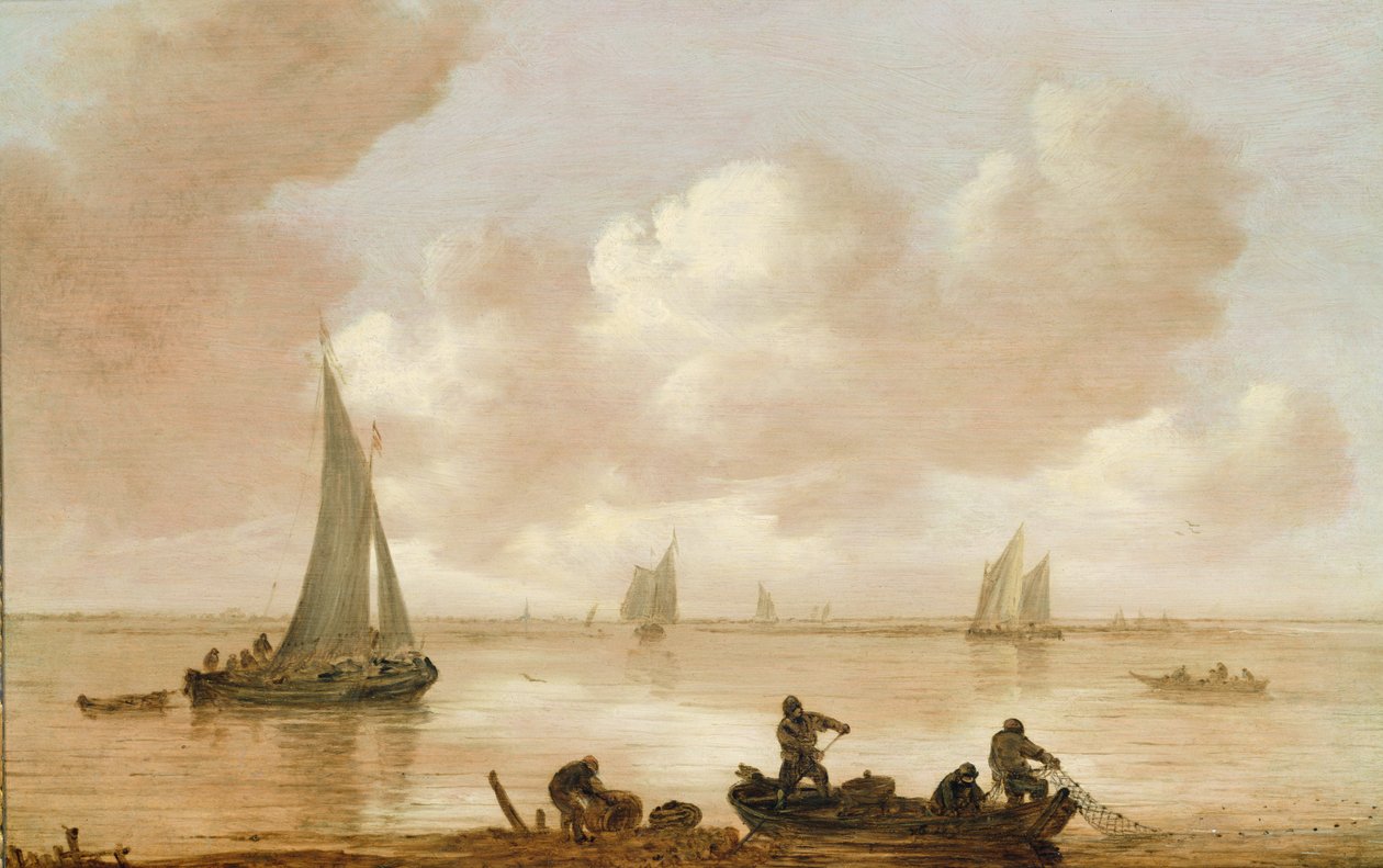 Een estuarium met vissers die hun netten binnenhalen door Jan Josephsz van Goyen
