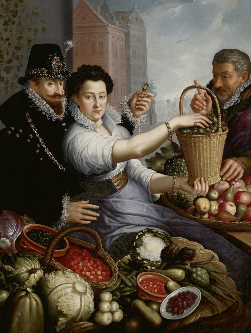 Portret van een aristocratisch echtpaar in marktkramerpose door Jan Baptist Saive