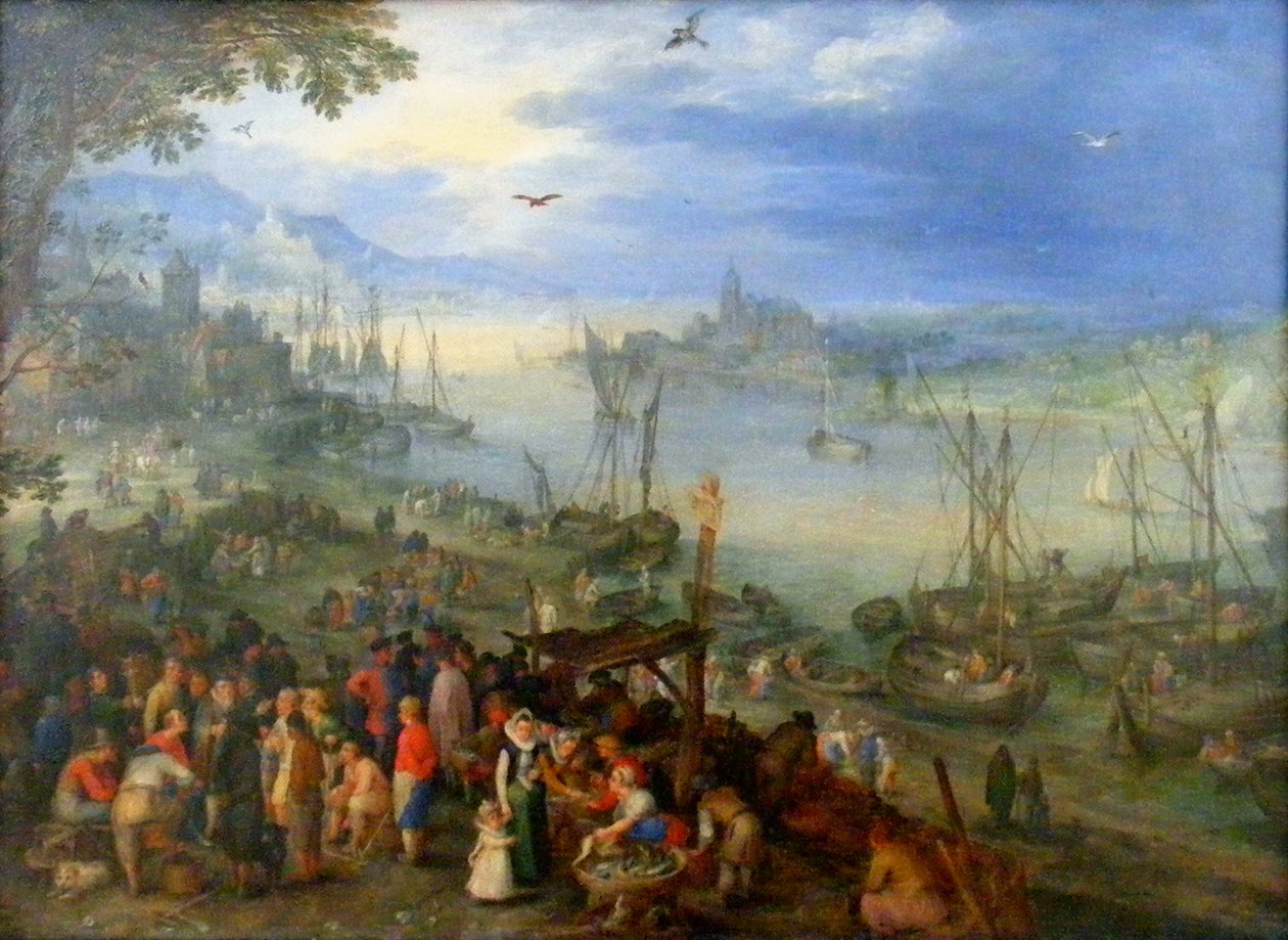 Vismarkt aan de Oever van een Rivier door Jan the Elder Brueghel