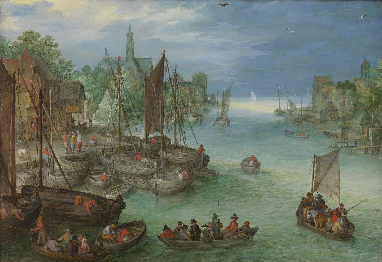 Gezicht op een stad aan een rivier door Jan the Elder Brueghel