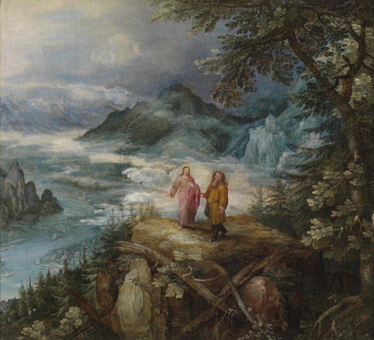 Weidse berglandschap met de verzoeking van Christus door Jan the Elder Brueghel