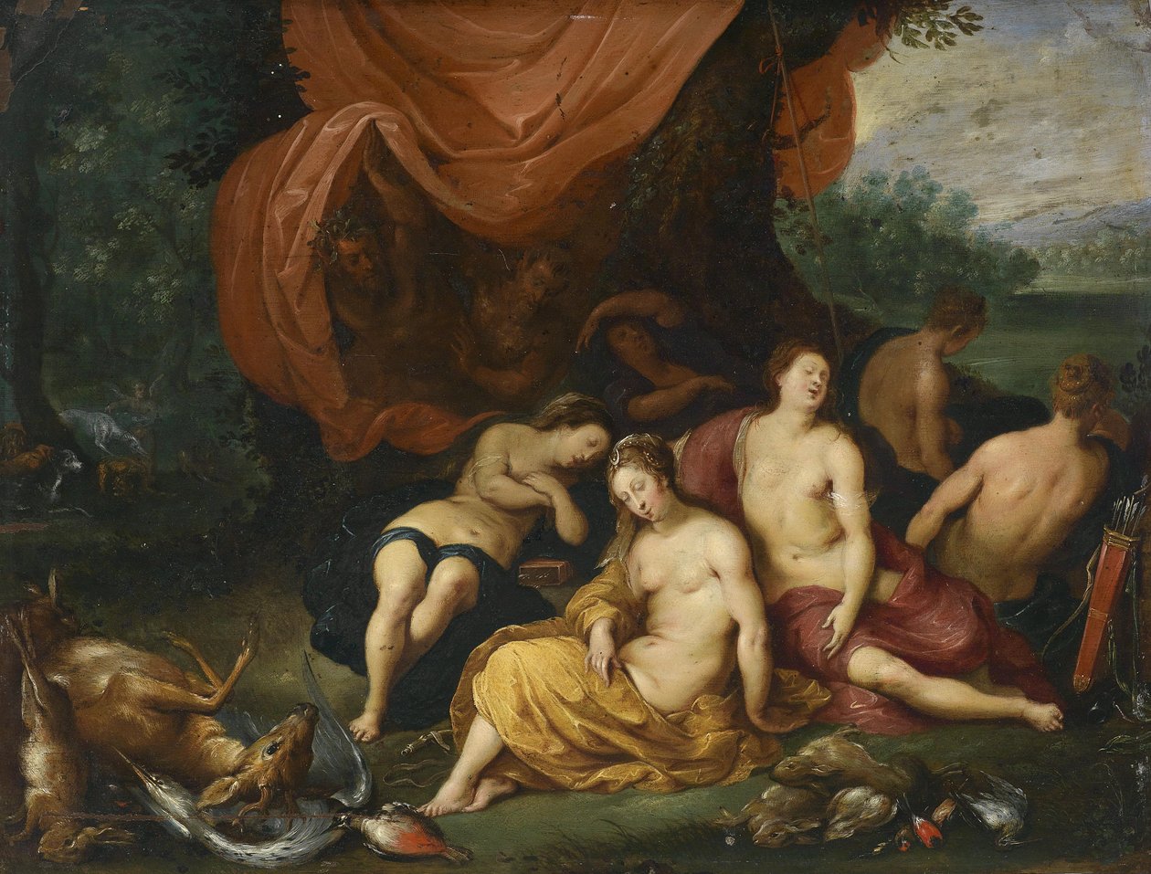 Diana en haar nimfen na de jacht, bespied door saters door Jan Brueghel the Younger