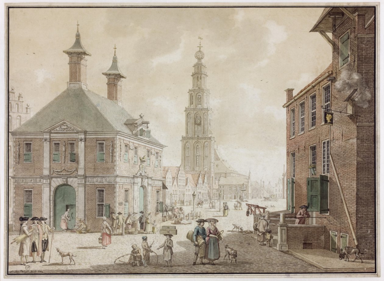 Grote Markt met waag en herberg Het Gouden Hoofd door Jan Bulthuis