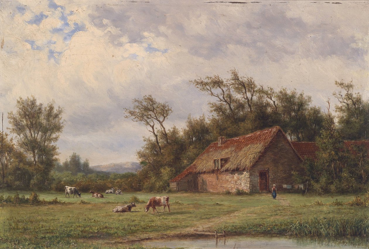 Landschap met boerderij, koeien en figuren door Jan Evert Morel