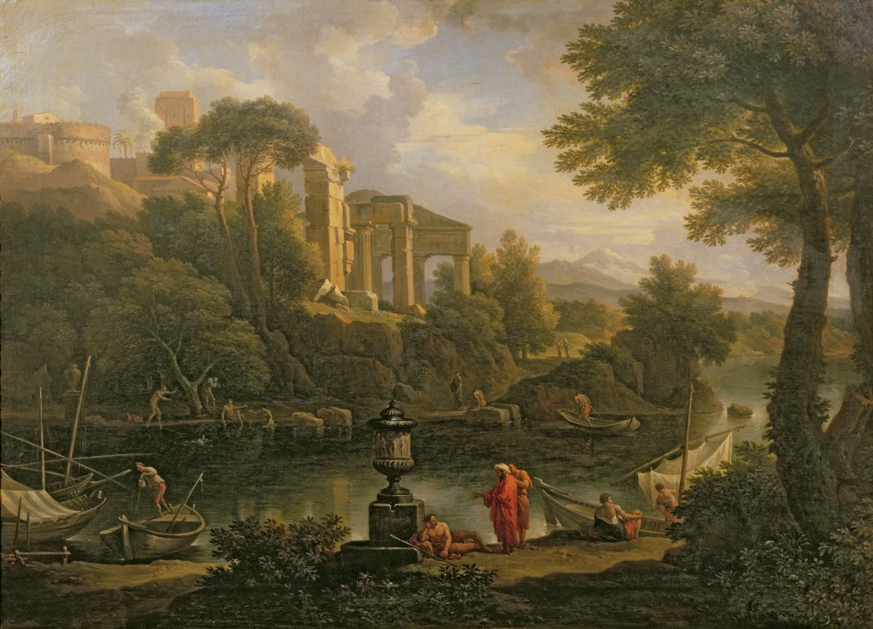 Landschap met figuren bij een vijver met ruïnes op de achtergrond door Jan Frans van Bloemen