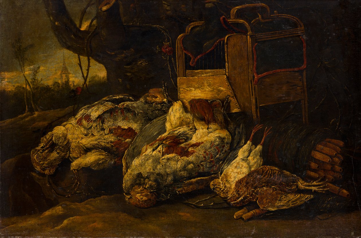 Stilleven met dode vogels, een kooi en een net door Jan Fyt