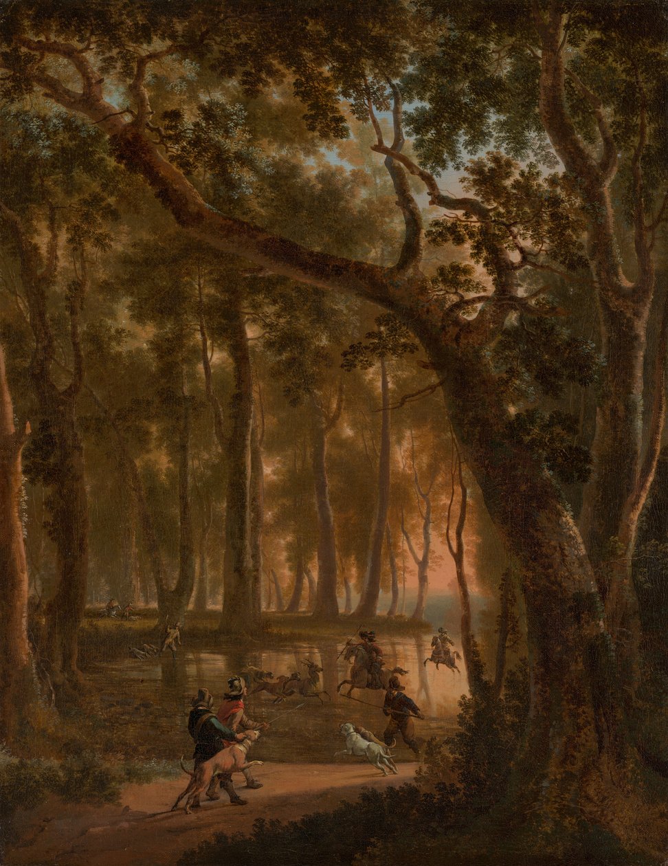 Hertenjacht in een bos door Jan Hackaert