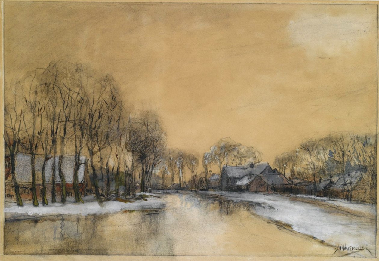 Een winterlandschap met huizen langs een kanaal door Jan Hillebrand Wijsmuller