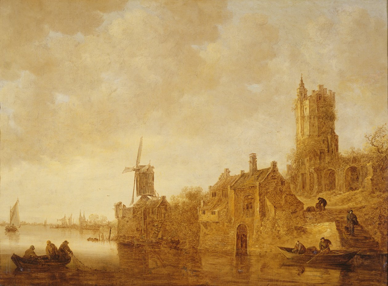 Rivierlandschap met molen en kasteelruïnes, 1644 door Jan Josephsz van Goyen