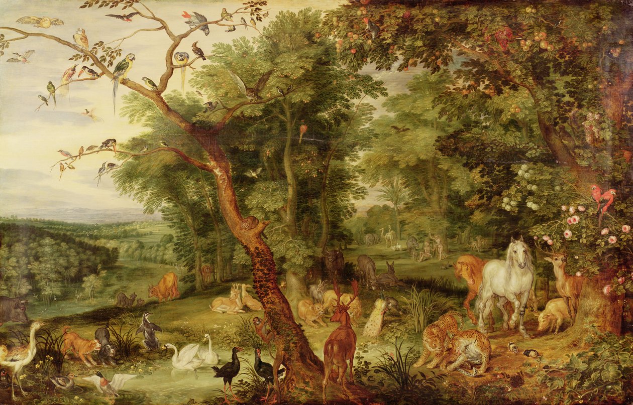 De Tuin van Eden; op de achtergrond De Verleiding door Jan the Elder Brueghel