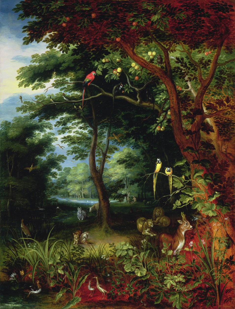 Paradijsscène met Adam en Eva (paneel) door Jan Brueghel the Younger
