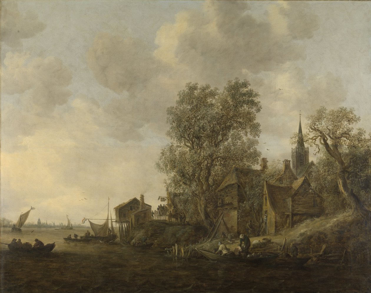 Uitzicht op een stad aan een rivier door Jan Josephsz van Goyen