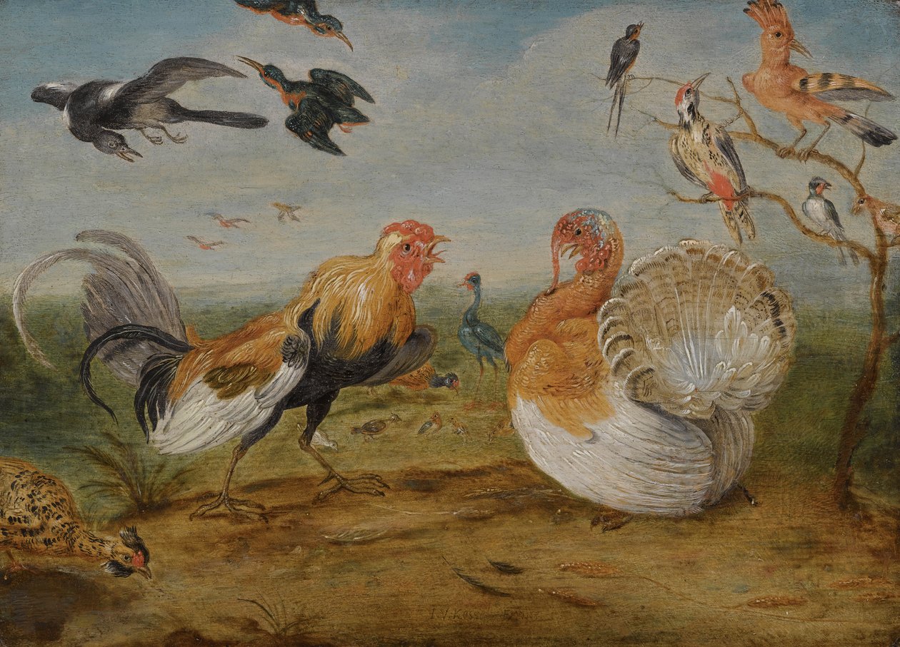 Een landschap met een haan en een kalkoen die ruzie maken, en ander gevogelte door Jan van Kessel the Elder