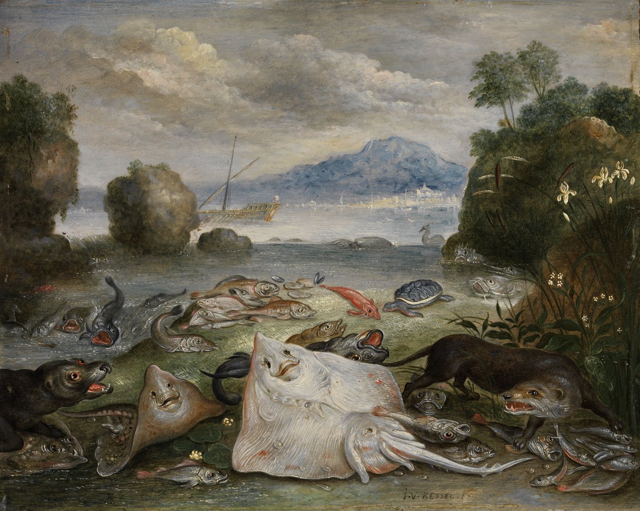 Zeedieren, vissen en otter op het strand met uitzicht op een baai met zeilschip en berg in de verte door Jan van Kessel the Elder