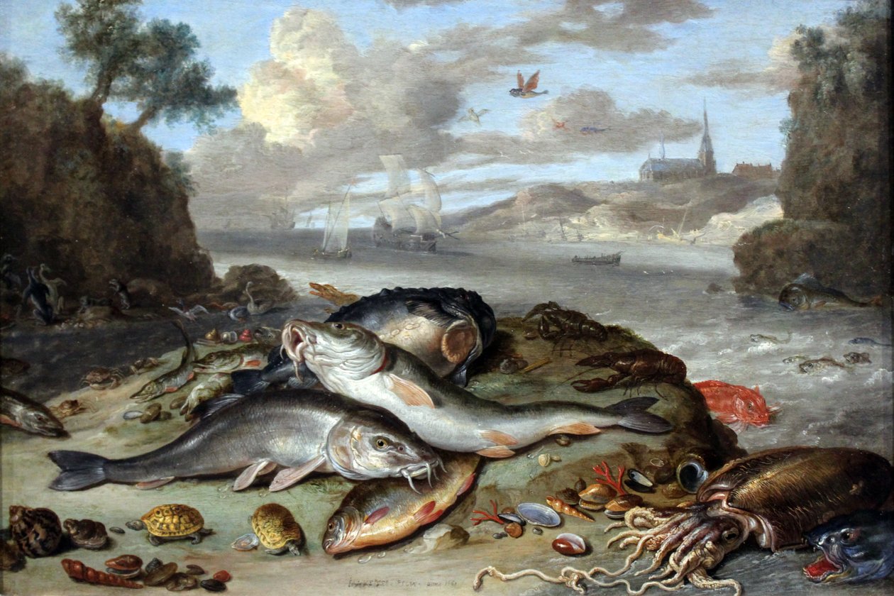 Stilleven met Vissen en Zeedieren in een Kustlandschap door Jan van Kessel the Elder