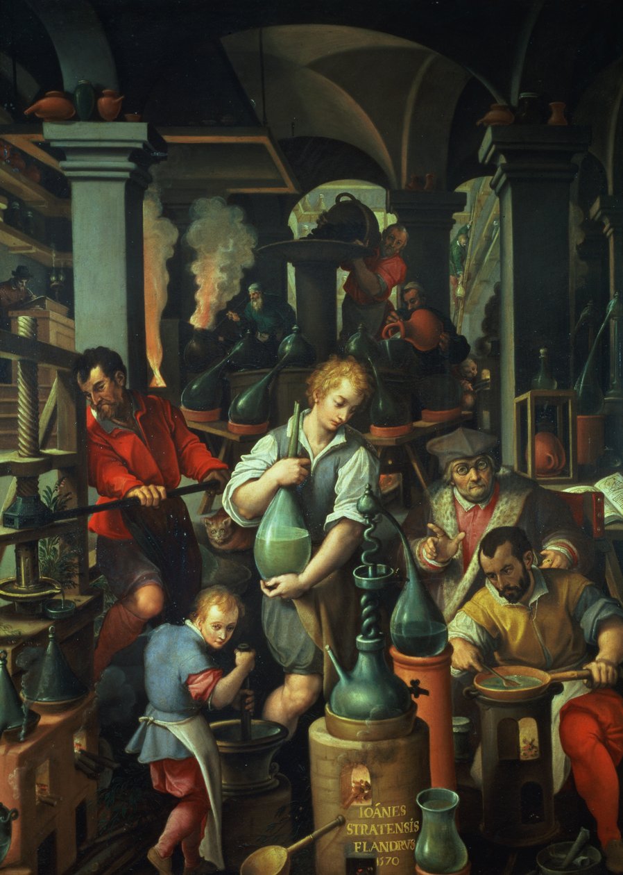 De werkplaats van de alchemist, 1570 door Jan van der Straet