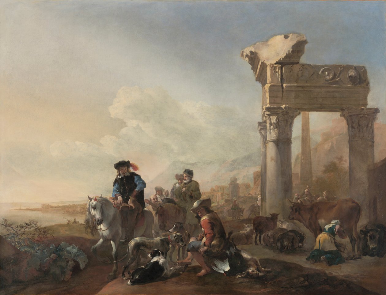 Jagers bij ruïnes door Jan Baptist Weenix