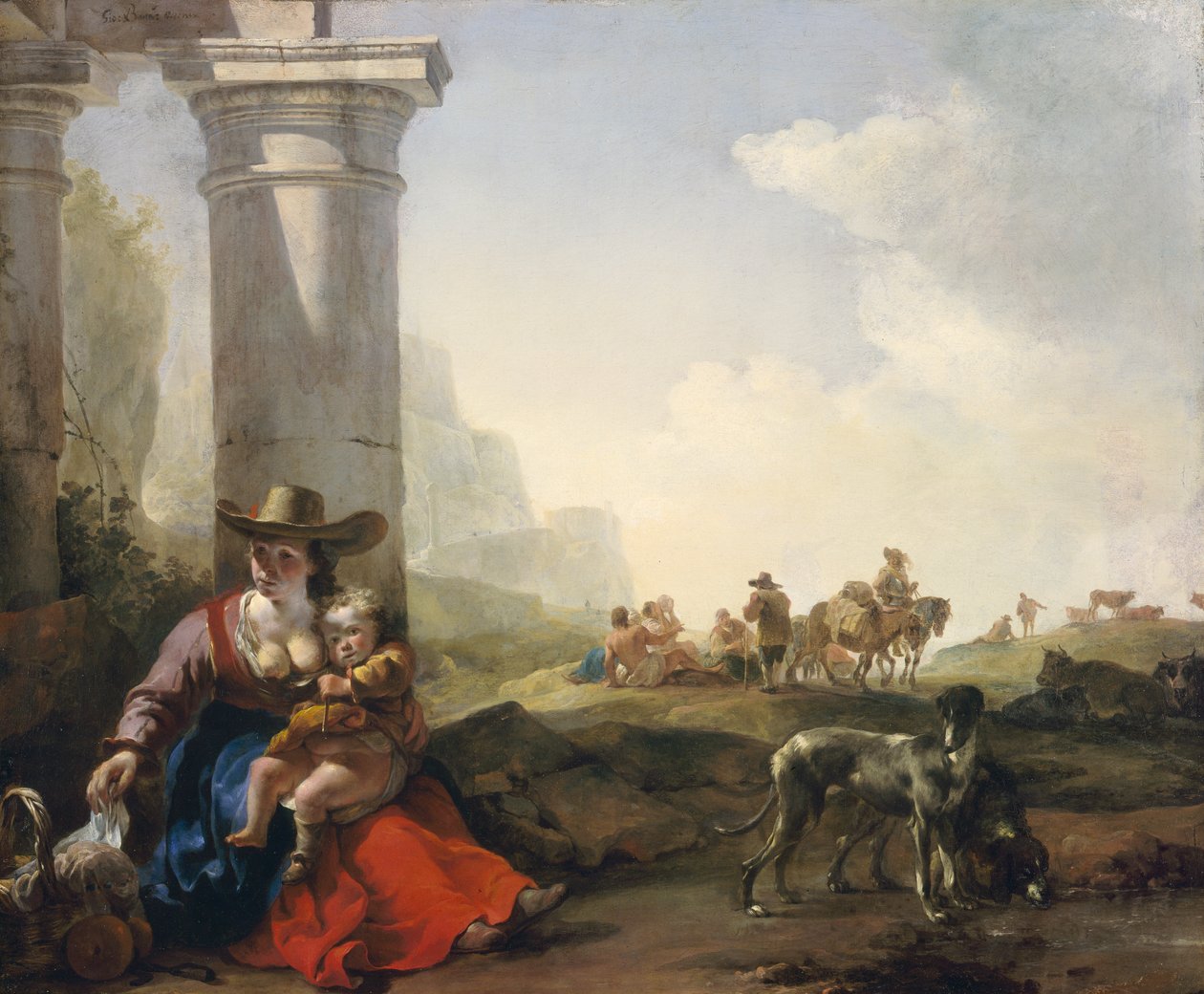 Italiaanse boeren tussen ruïnes door Jan Baptist Weenix
