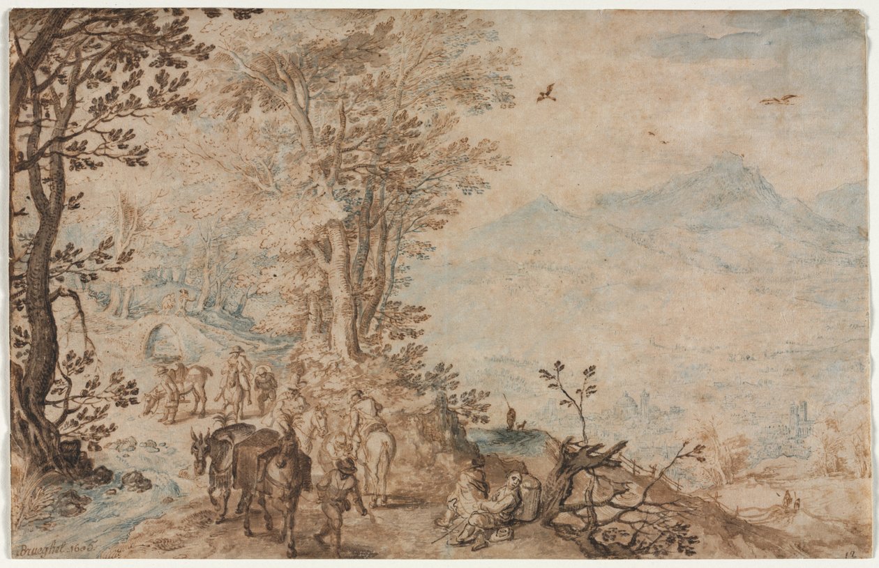 Landschap met reizigers, 1605 door Jan Brueghel the Elder