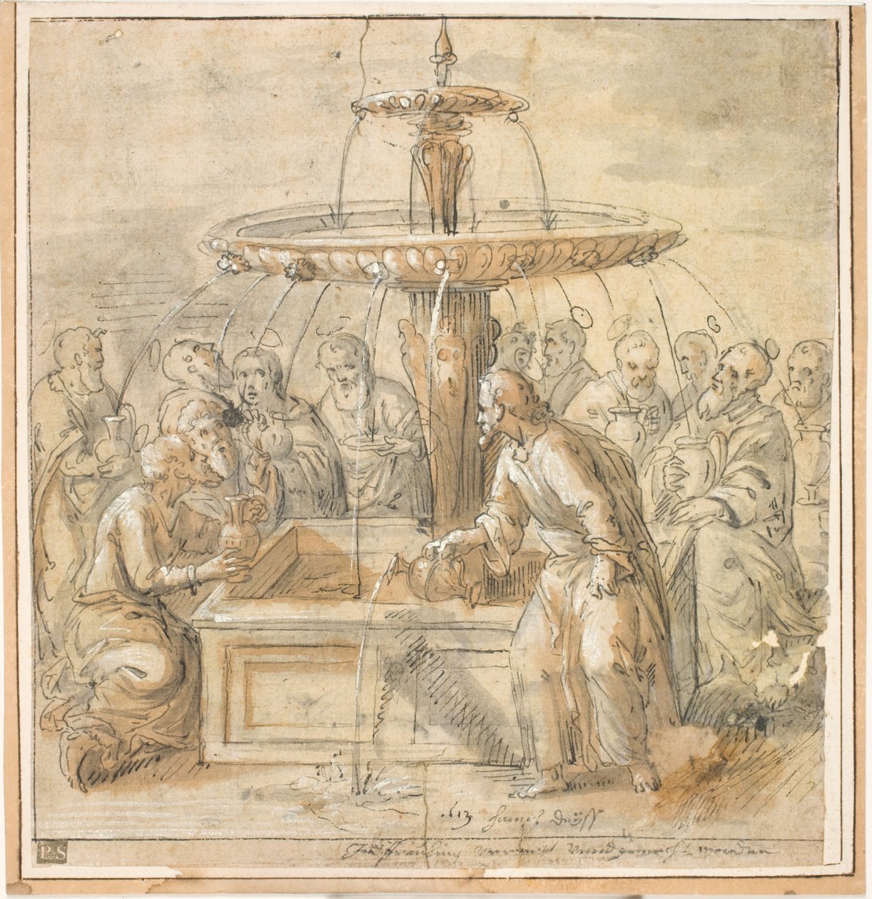 Heiligen met kruiken rond fontein door Jan Deys