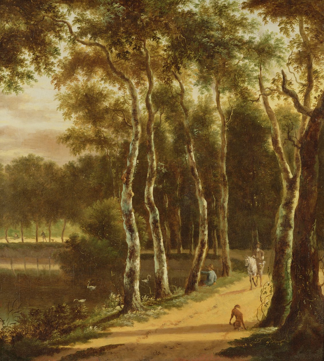 Een laan van berken langs een rivier door Jan Hackaert