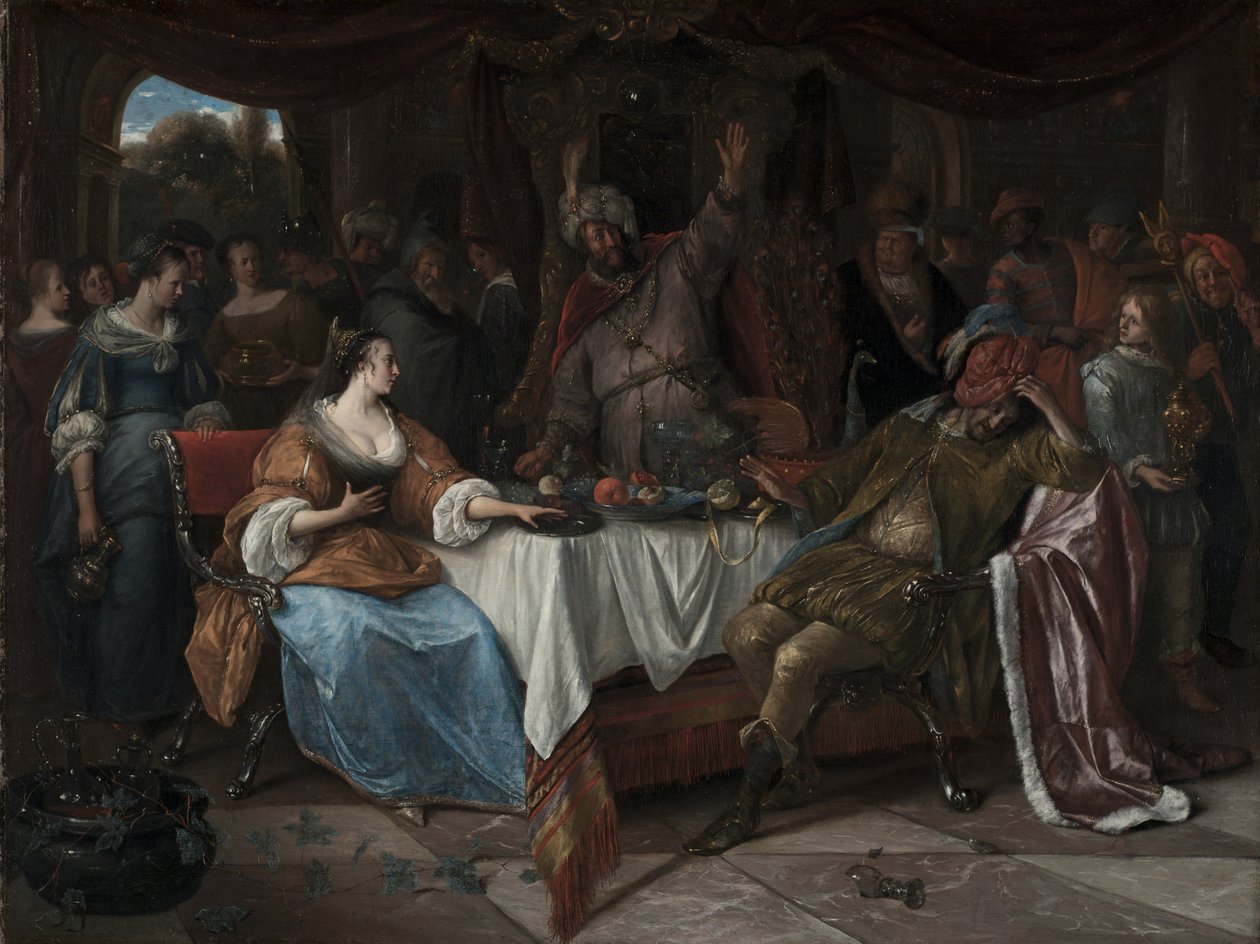 Esther, Ahasveros en Haman, ca. 1668 door Jan Havicksz. Steen
