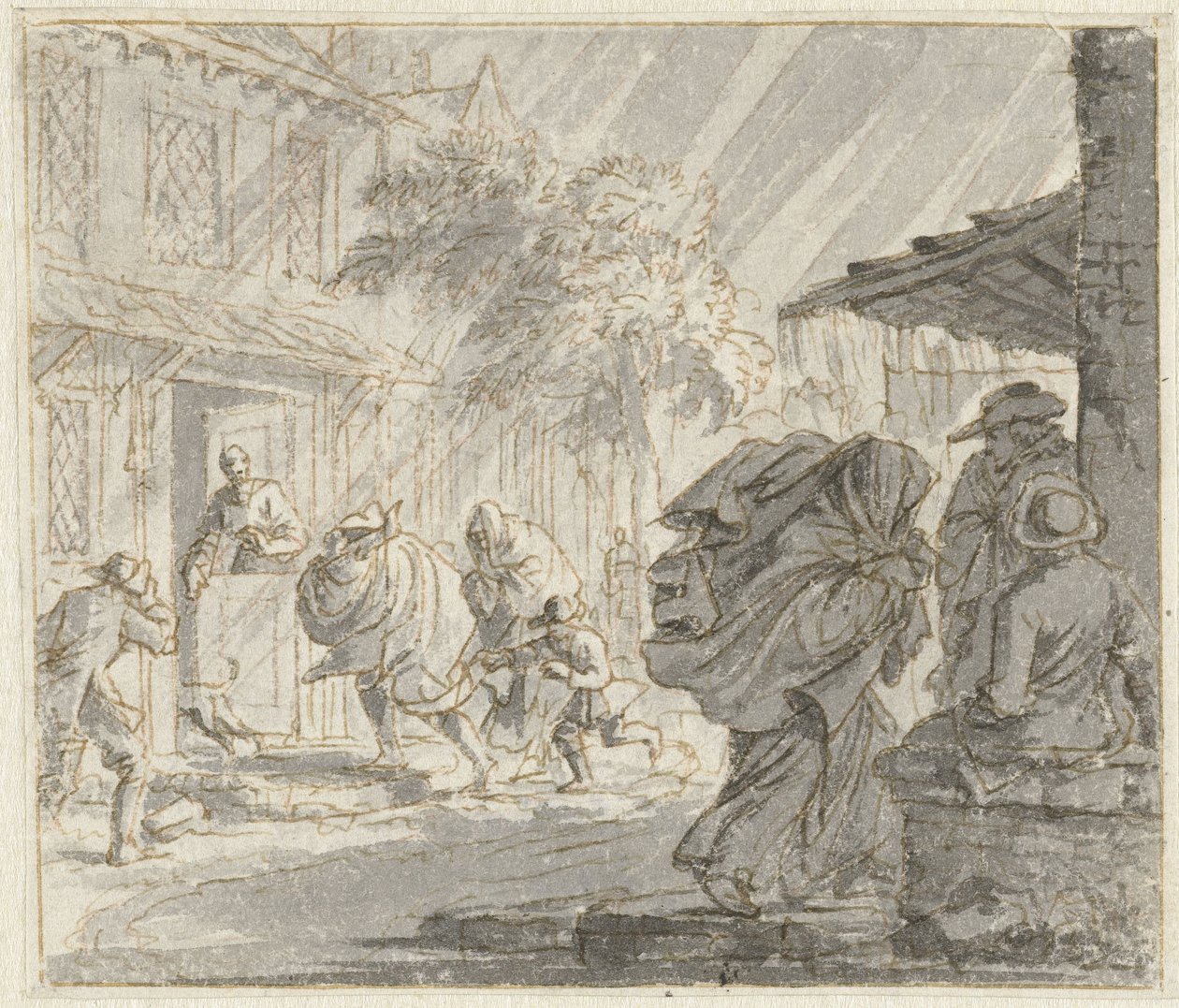 Straatgezicht met zware wind en regen door Jan Luyken