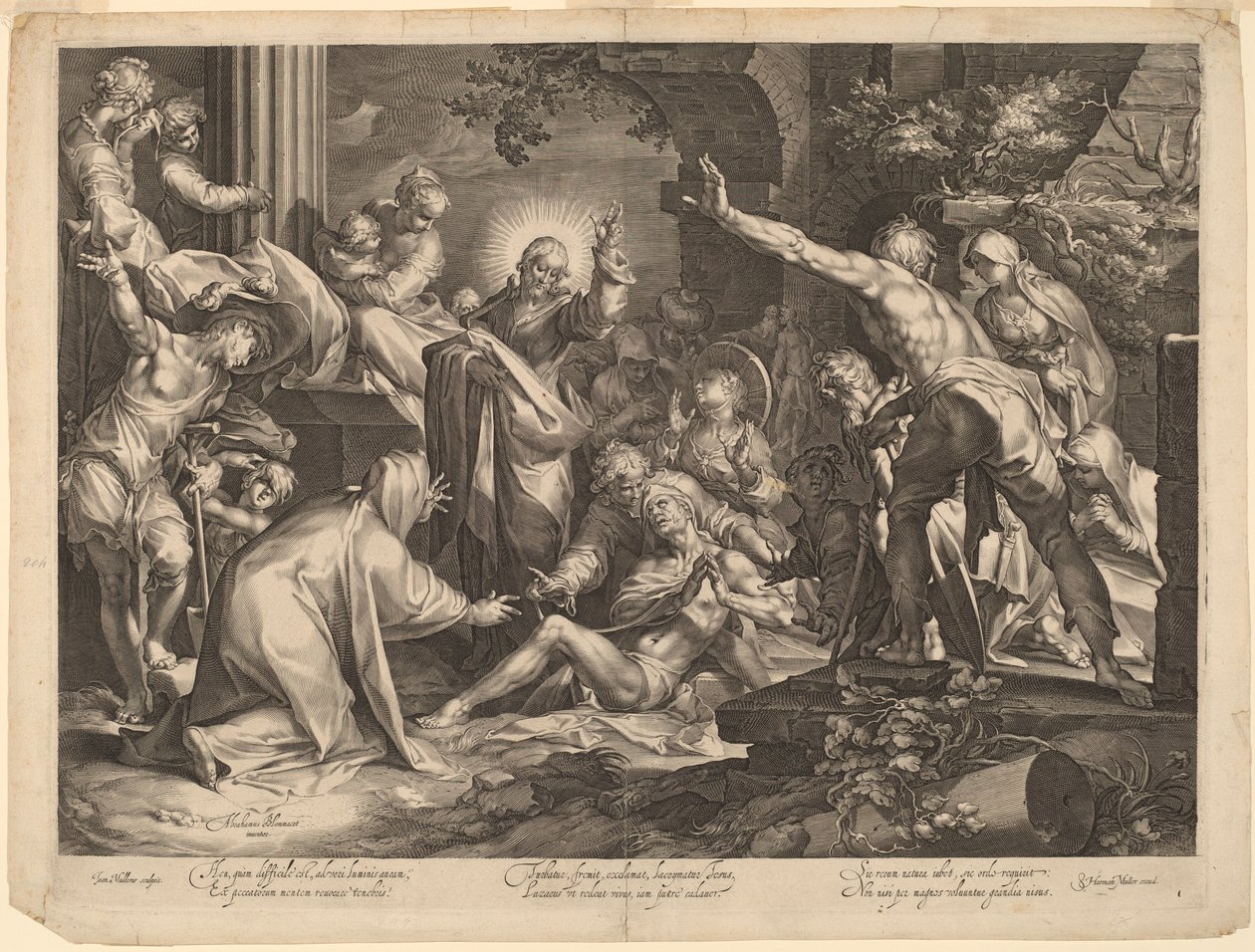 De opwekking van Lazarus door Jan Muller, after Abraham Bloemaert
